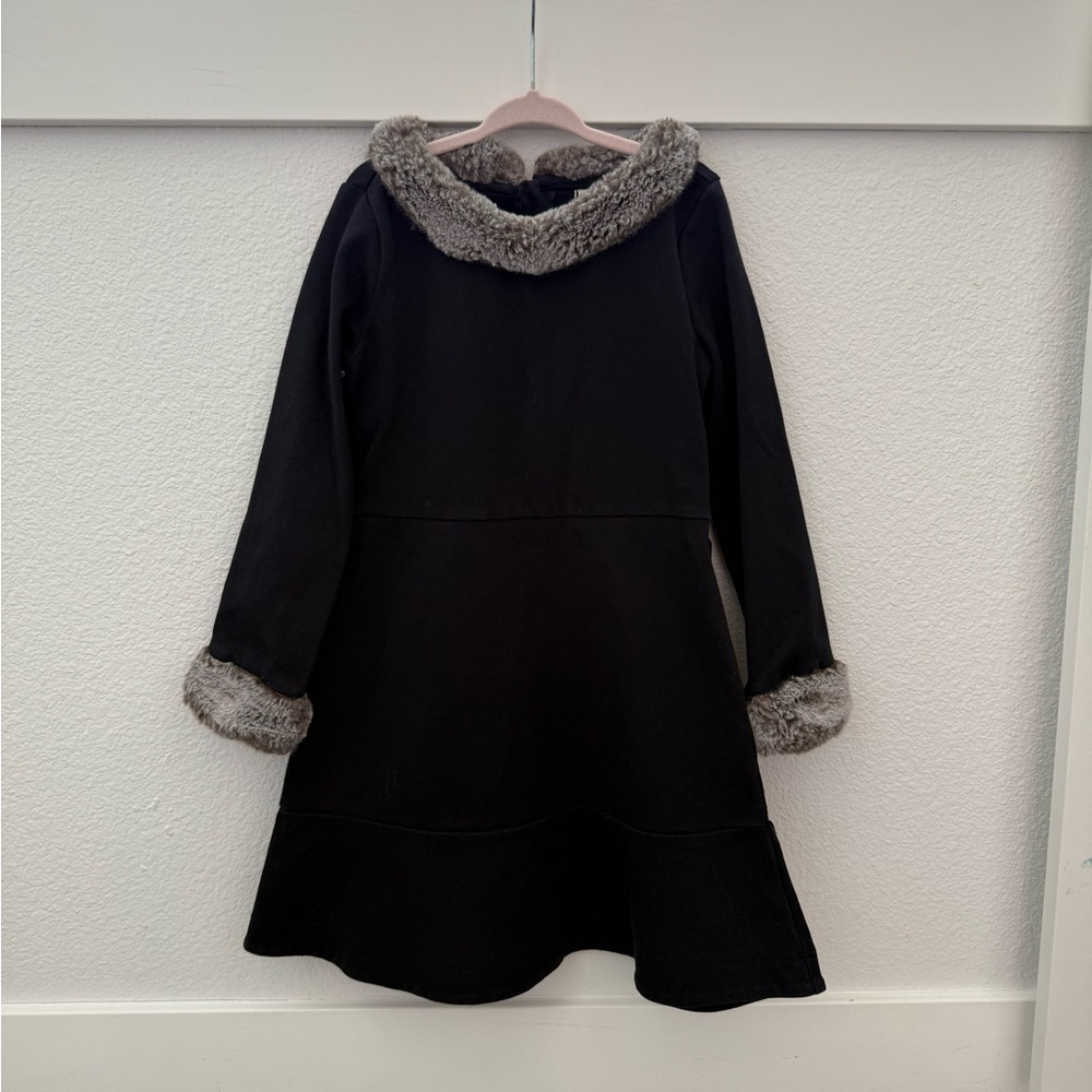 Hope & Henry Girls' Black Faux-Fur Trim Long Sleeve Dress